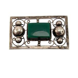 Vintage Mexico Sterling Brooch with Mexican Glass Jade Cabochon